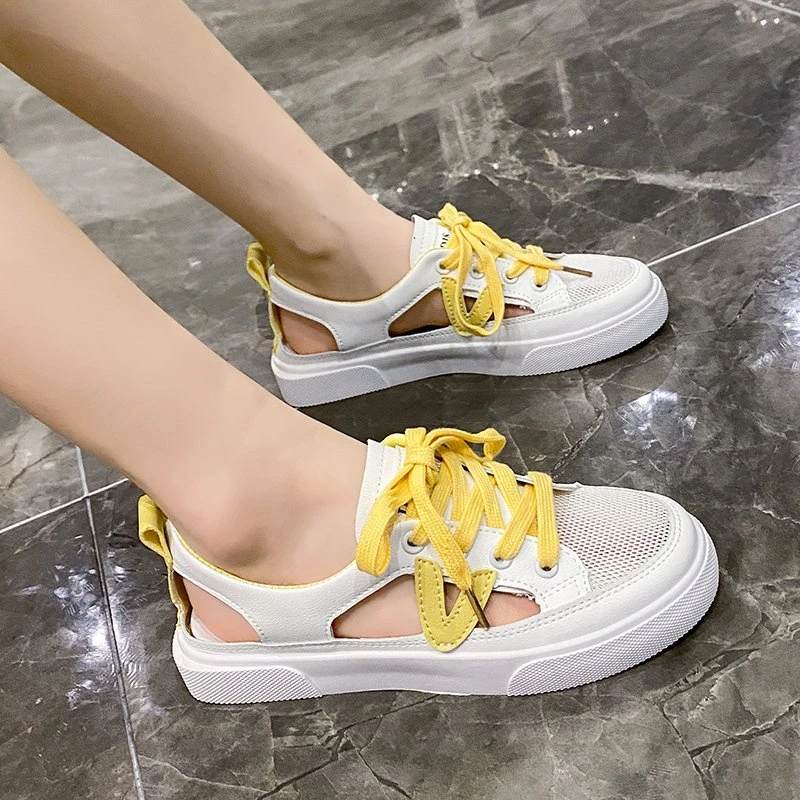 New Women's White Casual Shoes Fish-mouth Sandals Metal Decorative Transparent Breathable Mesh Shoes Large Zapatos Para Mujer