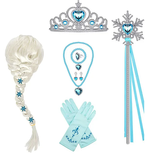 Elsa Princess Akcesoria Rękawiczki Różdżka Korona Zestaw biżuterii Elsa Peruka Naszyjnik Warkocz dla księżniczki Sukienka Odzież Cosplay Dress UP
