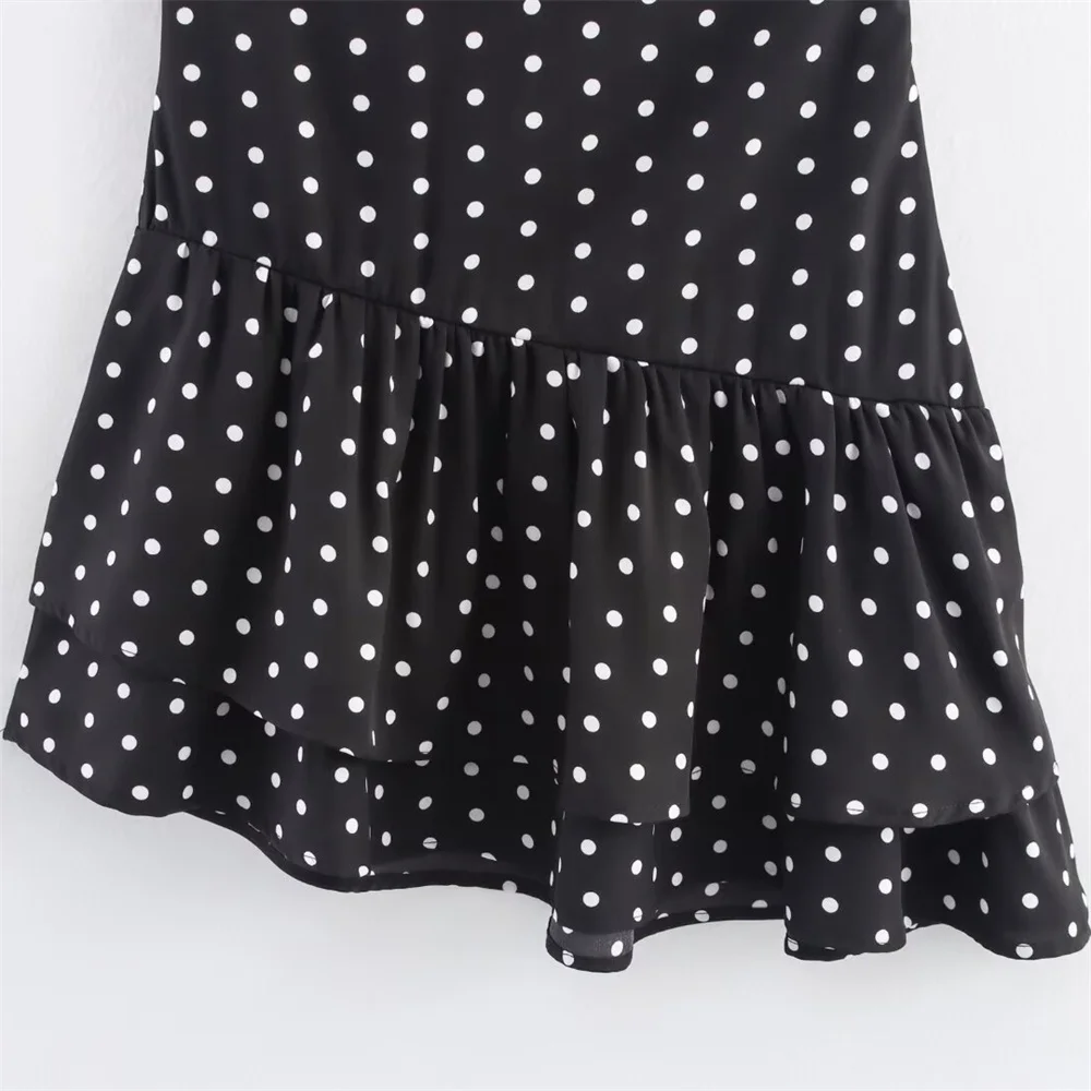 Novo vestido feminino elegante e sexy assimétrico com bainha fofa em camadas decorativas de bolinhas estilo macacão