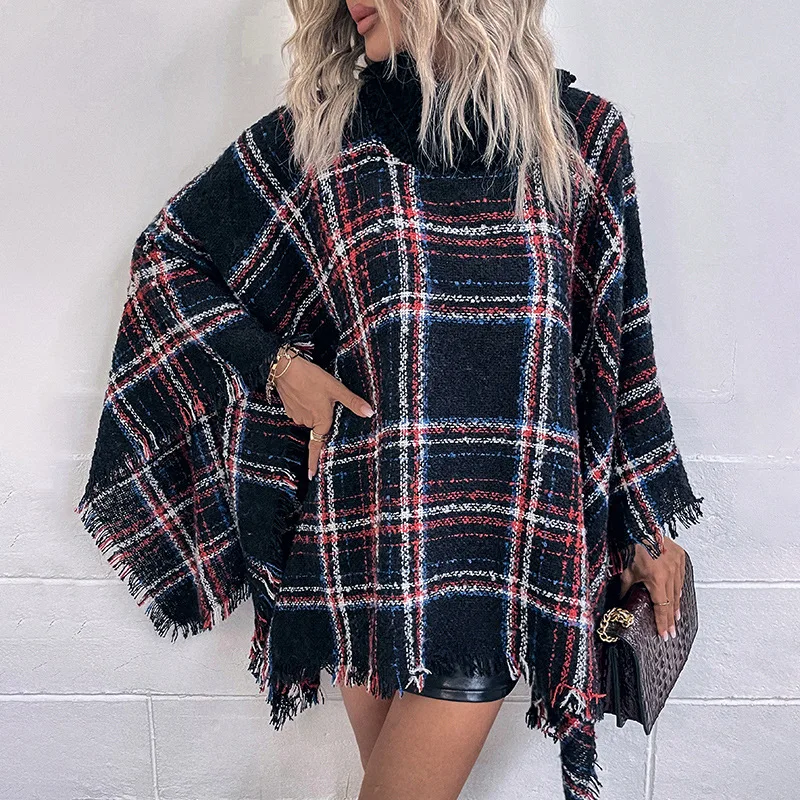 

Women Brand Plaid Bat Sleeve Poncho Sweater Solid Turtleneck Oversized Cape Coat Winter Spring Cape Ladies Knitted Shawl Top