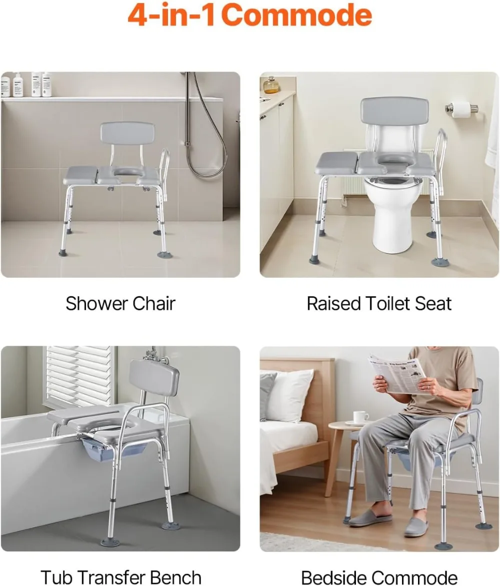 500 lbs Capacity 4-in-1 Portable Toilet & Raised Seat, Adjustable Height, Padded Seat & Backrest, Detachable 5L Bucket