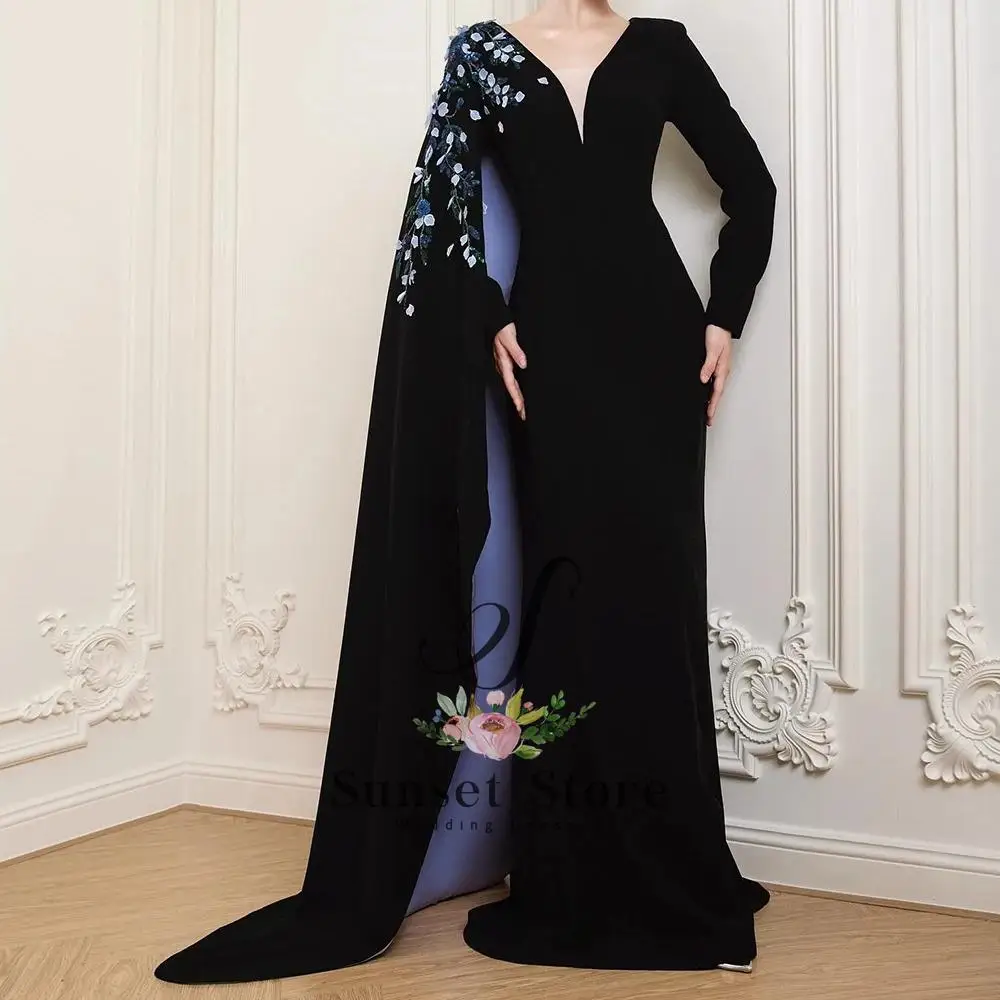 

Customized A-line Evening Dresses Floor-length V-neck Full Sleeve Prom Gown Fashion Flowers Stole Simple Draped Party Gown