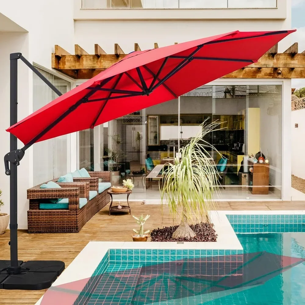 

Circular luxury offset umbrella, 360 ° rotation and integrated inclined garden deck swimming pool heavy-duty suspension umbrella