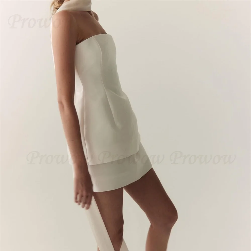 

Prowow Elegant Strapless Short Prom Cocktail Dress Pleated Ivory Mini Wedding Party Gown with Scarf Satin Summer Customized