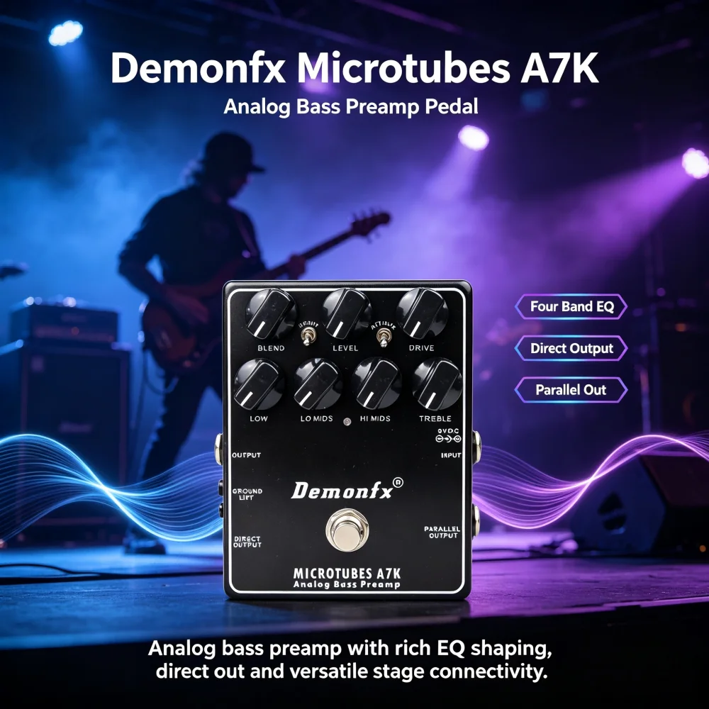 Electric Bass Preamp Pedal Analog with Blend Level Drive Low mid Hi mid Treble Direct Parallel Output for Guitar Effects