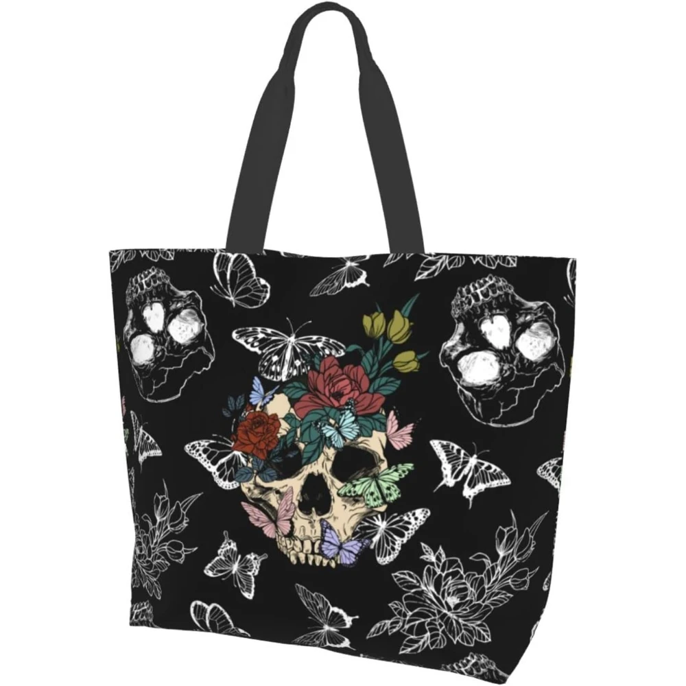 Bolsas de mano con calavera de azúcar y mariposa para mujer, bolso de hombro reutilizable para viaje, playa, compras, trabajo diario