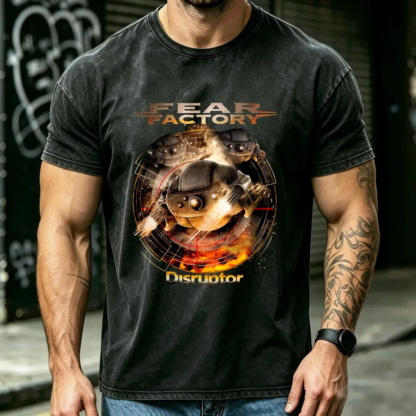 washed T Shirt Fear Factory 'Disruptor' Black NEW OFFICIAL vintage Washed Comfortable streetwear Unisex Casual Versatile