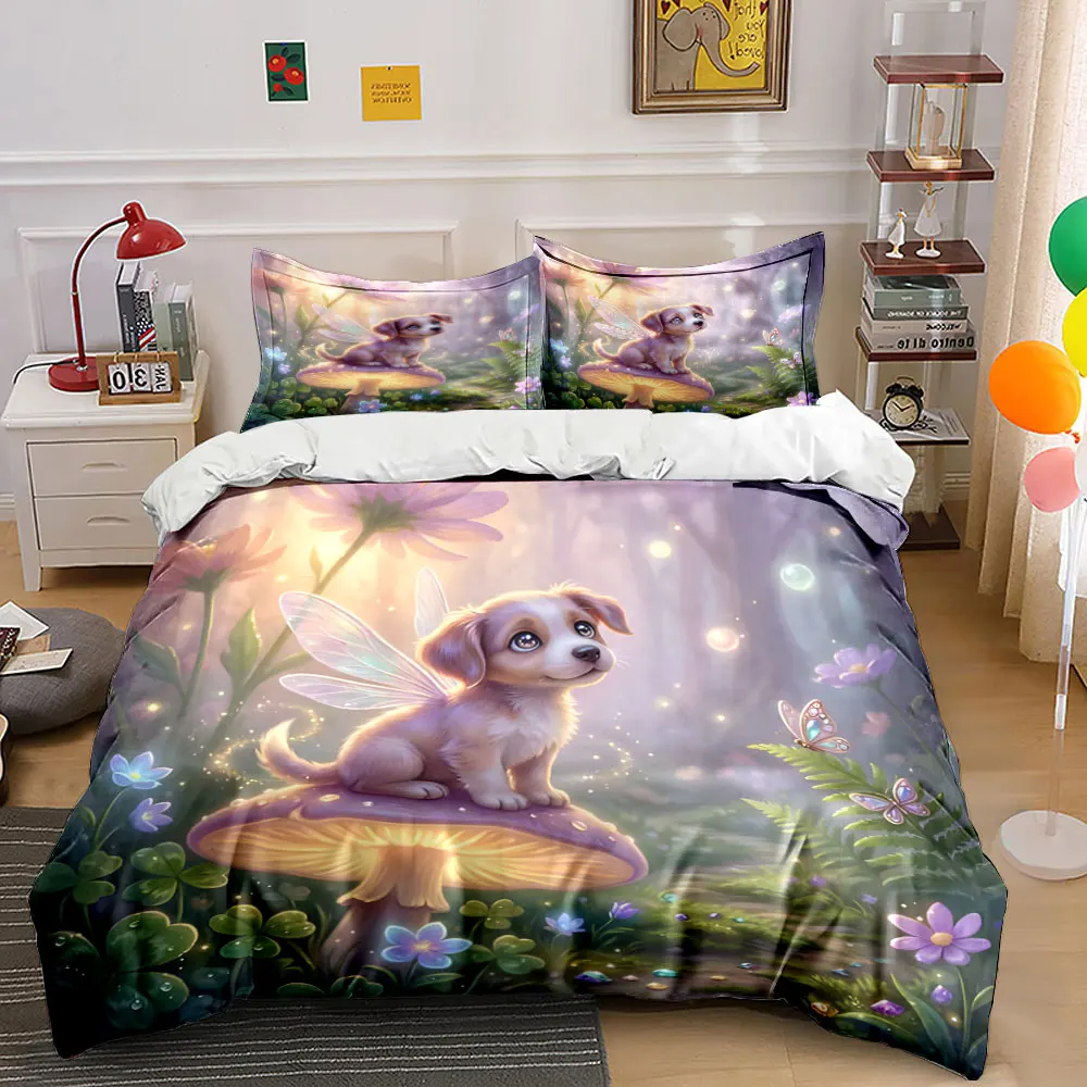 Fairy dog in enchanted forest Printed Duvet Cover Set1 Duvet Cover+2 PillowcaseMulti Size Bedroom Bedding Decor Luxury gift