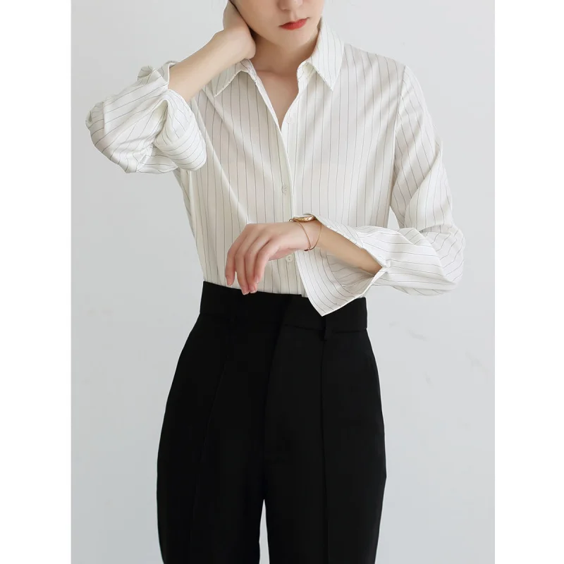 Korean Style Striped White Shirt Women Commuting Professional Long Sleeve Blouse Elegant Female Shirts Female Luxury Clothing
