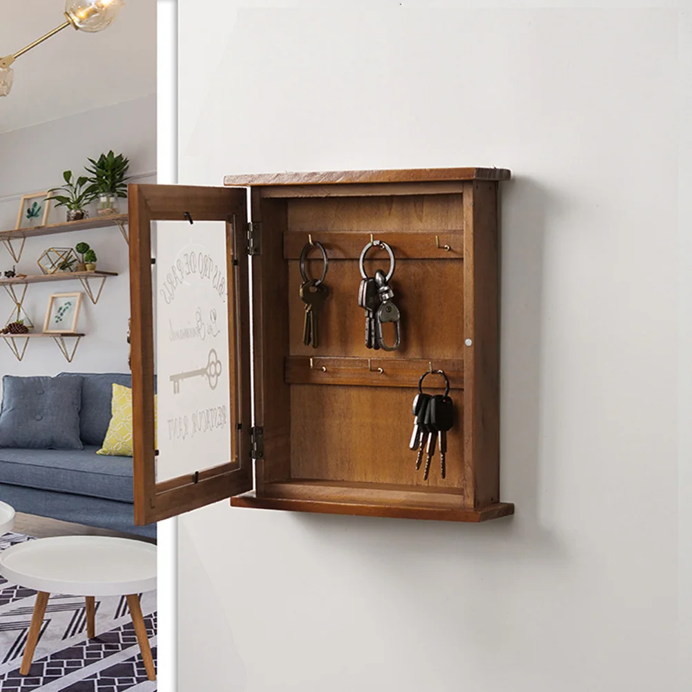 

1pc Rustic Brown Pine Wood Wall Holder Hallway Key Box Creative Design Easy Install Wooden Key Locker Storage