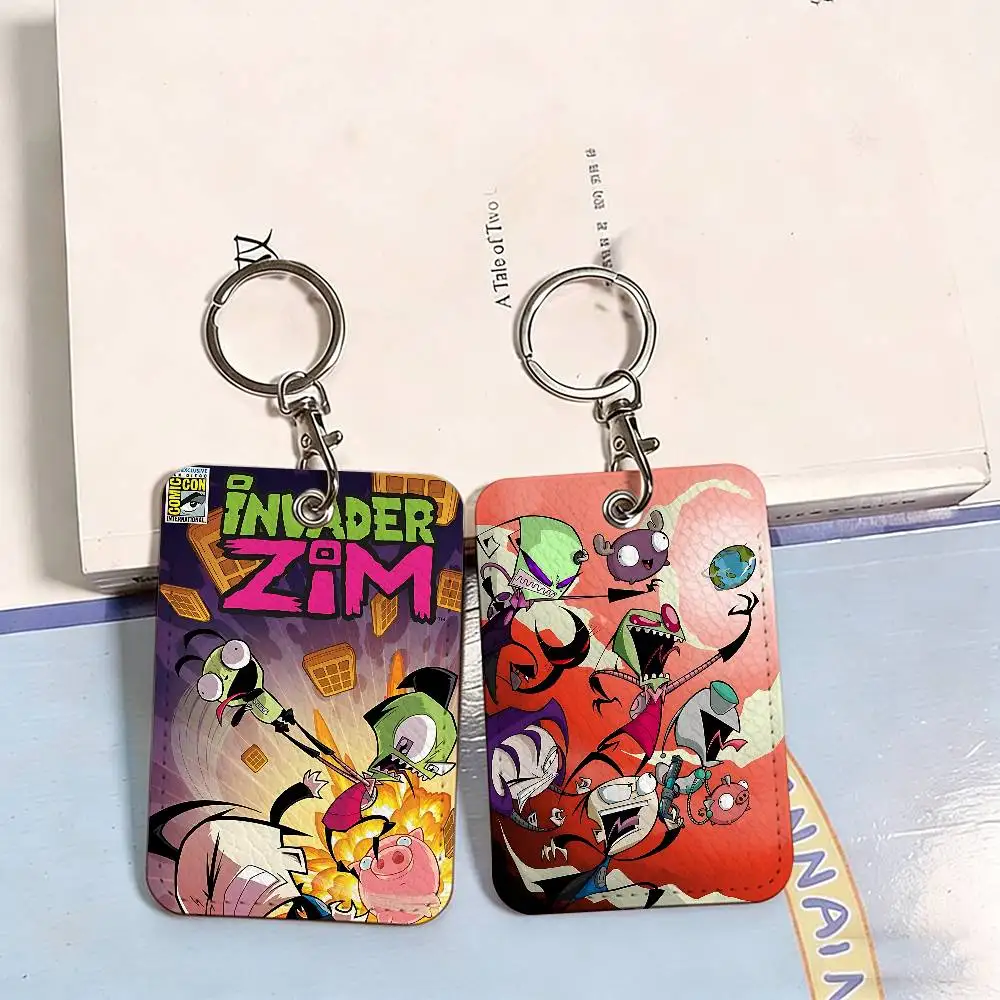 I-Invader Z-Zim Anime 1Pc PU Leather Card Holder Keychain Key Ring Door Lock Access Tags ID Card Case Keychain Card
