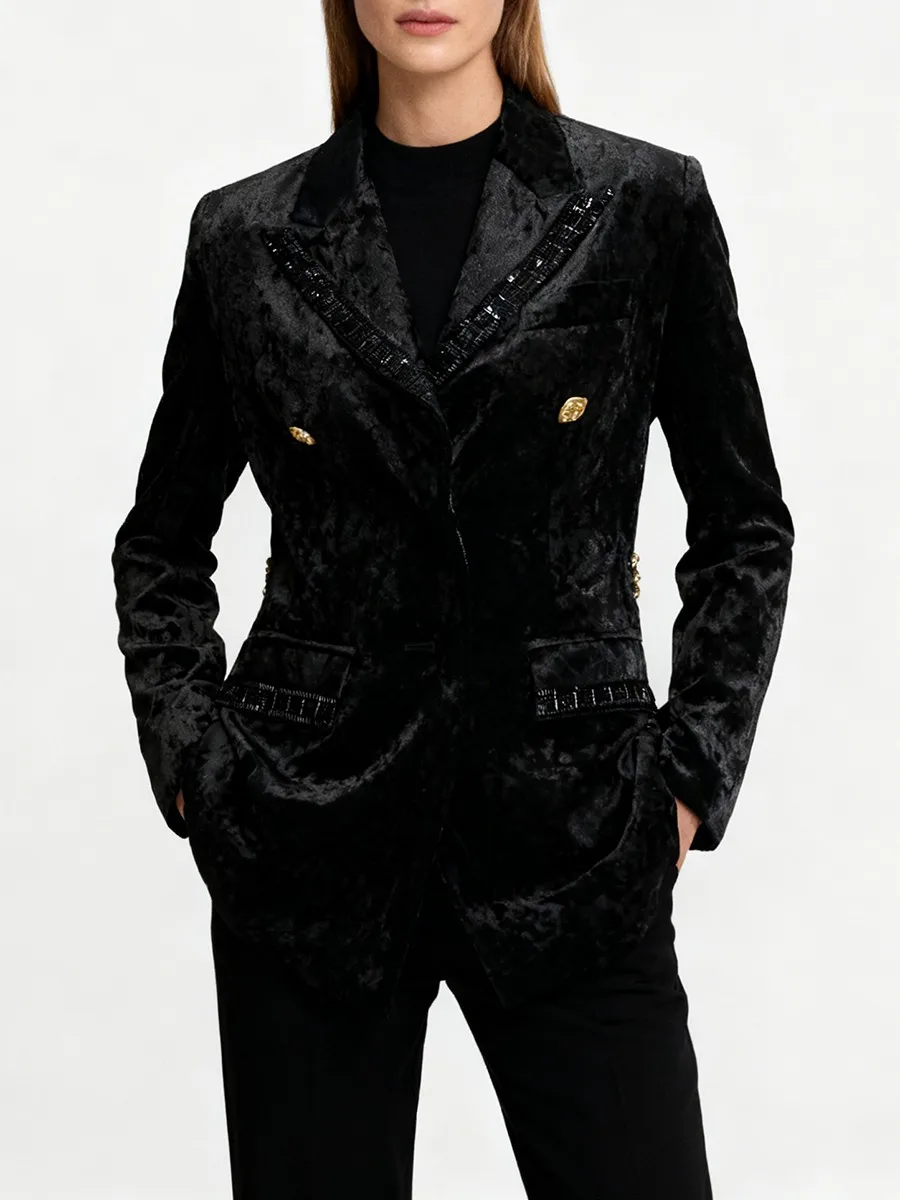 TWOTWINSTYLE Solid Spliced Metal Buttons Velvet Blazers for Women Lapel Long Sleeves Tunic Patchwork Bead Vintage Blazer Female