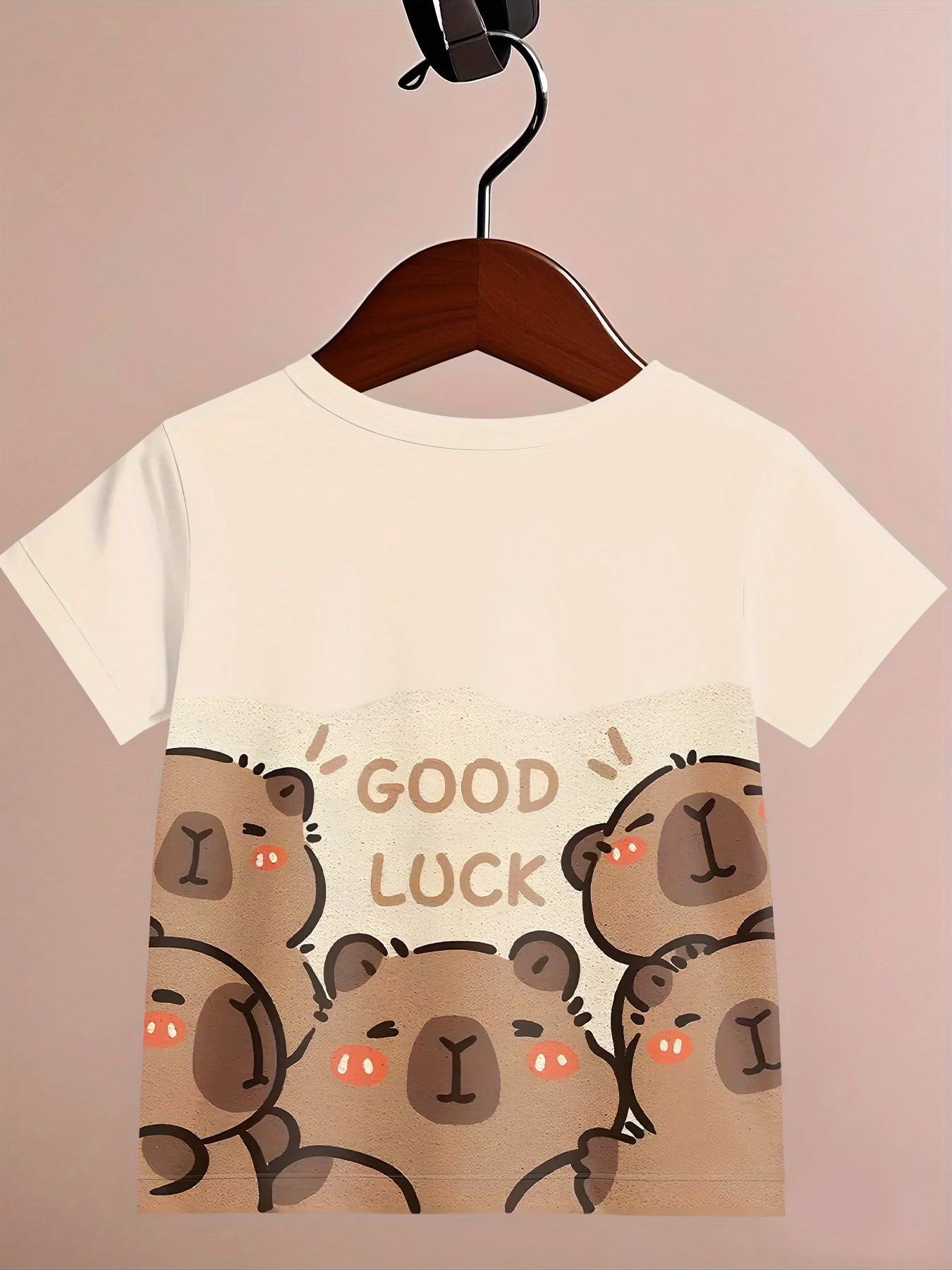 Boys Girls Trendy Animal Tee Shirt, Cute Capybara With Good Luck Text Print Short Sleeve Crew Neck Kids T-Shirt