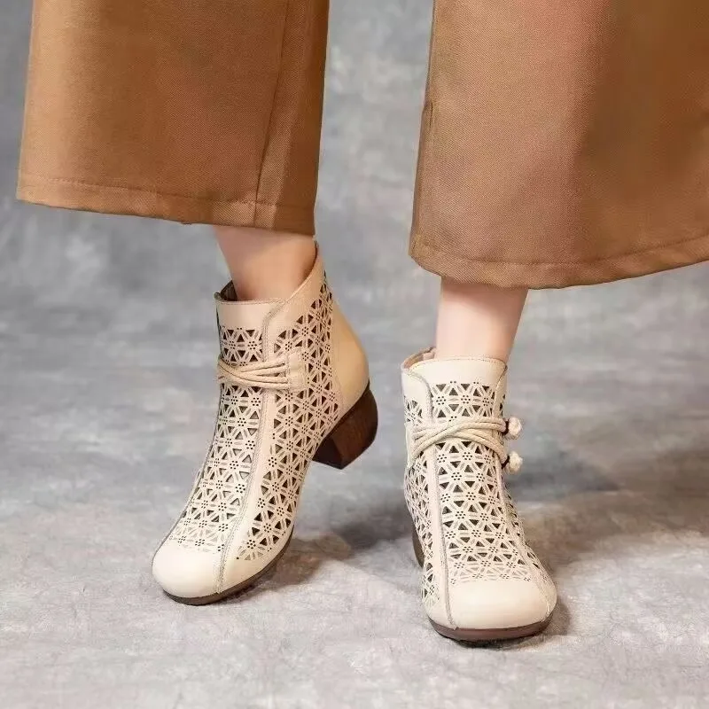 Autumn Women Boots Hollow Womens Ankle Boots Zip Fashion High Heels Breathable Low Heel Women Shoes Durable Botines Para Mujeres