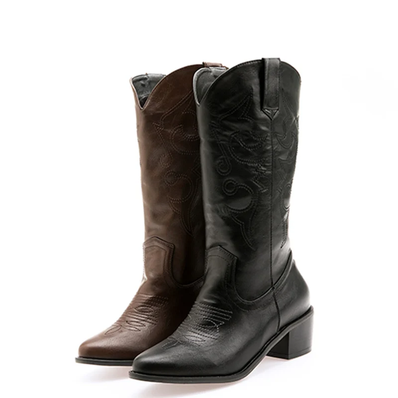 Classic Mid-calf Boots Women Fashion Embroidered Western Cowboy Boots for Women pu Leather Cowgirl Boots Low Heels Shoe Big Size