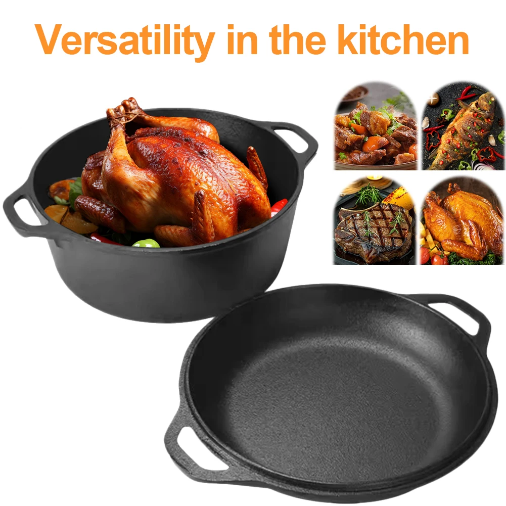 2 in 1 Cast Iron Dutch Oven Pot with Dual Handles Skillet Cookware Pan Set for Bread Frying Baking Camping BBQ Tools Dutch Oven