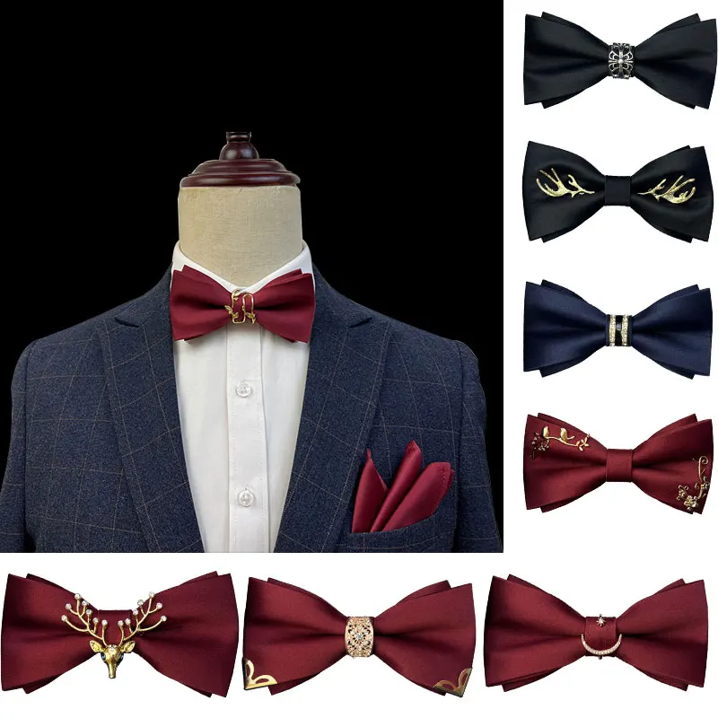 Bow tie men's wedding groom wedding best man black formal double layer diamond set Korean version bow burgundy blue