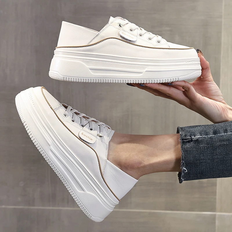 

Genuine Leather Fold Down Heel Two Ways Wear Platform White Sneakers For Women 2026 Summer New No Tie Lazy Slip On Design Thin