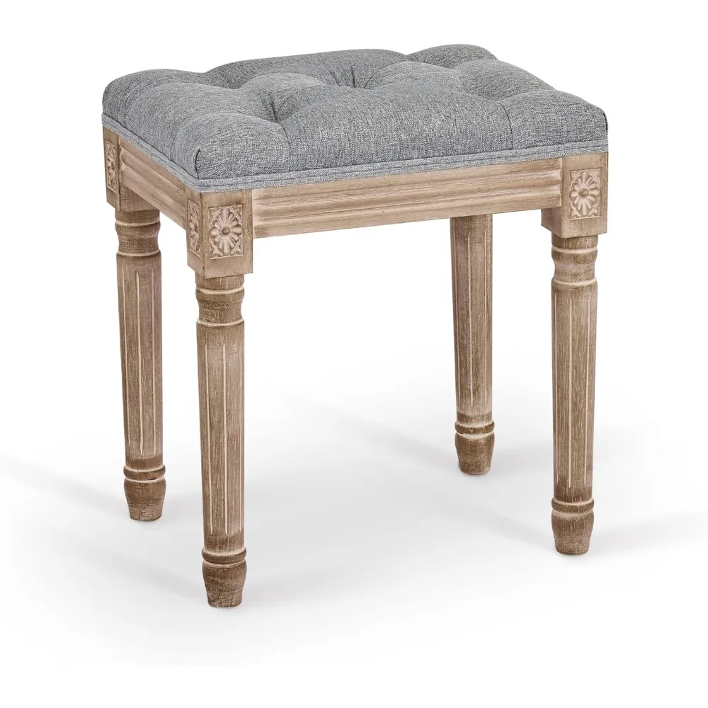 

stools.French Vintage Foot Stool with Rustic Wood Legs and Padded Seat, 18.5" High Memory Foam Upholstered Vanity Stool