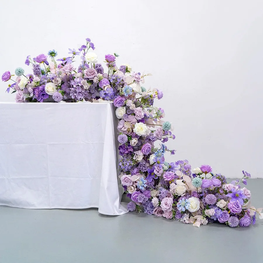 Purple Long Row Simulation Flower Table Wedding Conference Hall Window Decorations - Artificial Flower Arrangement for Events
