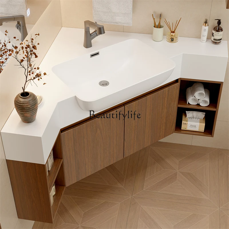Log wind corner bathroom cabinet Small apartment corner wash basin cabinet