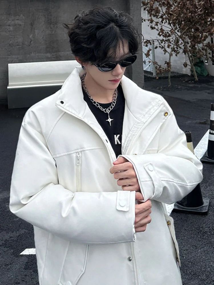 

Men's Winter Thiened Warm Cotton Jaet PU Leather Parka Bread Coat Zipper Design Casual Cleanfit Sle Long Sve Zipper