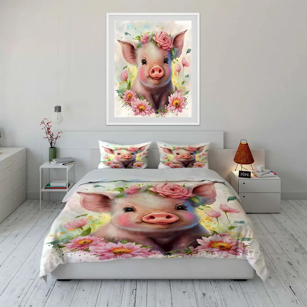 Warm pig ears with pink flowers Print Soft Comfortable Duvet Cover Bedding Set Included 1*Duvet Cover  2*Pillowcases