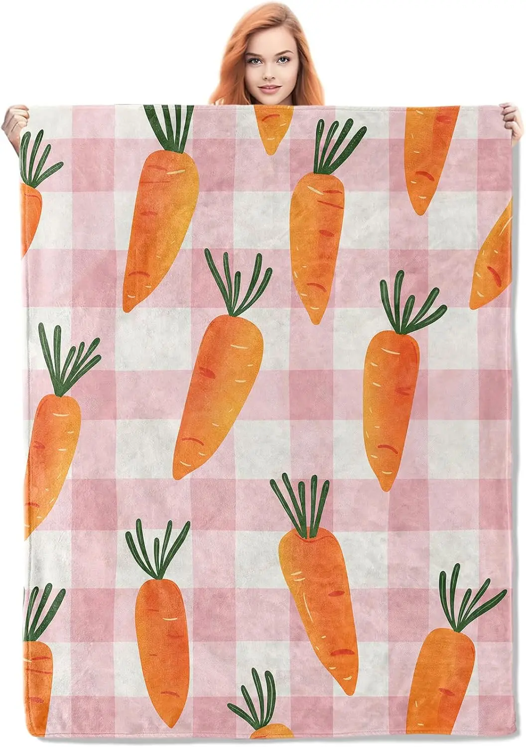 Carrot Fleece Blanket Gifts for Kids and Adults, Fun Vegetable Cozy Throw Blanket, Soft Warm Plush Carrot Blanket with Checkered
