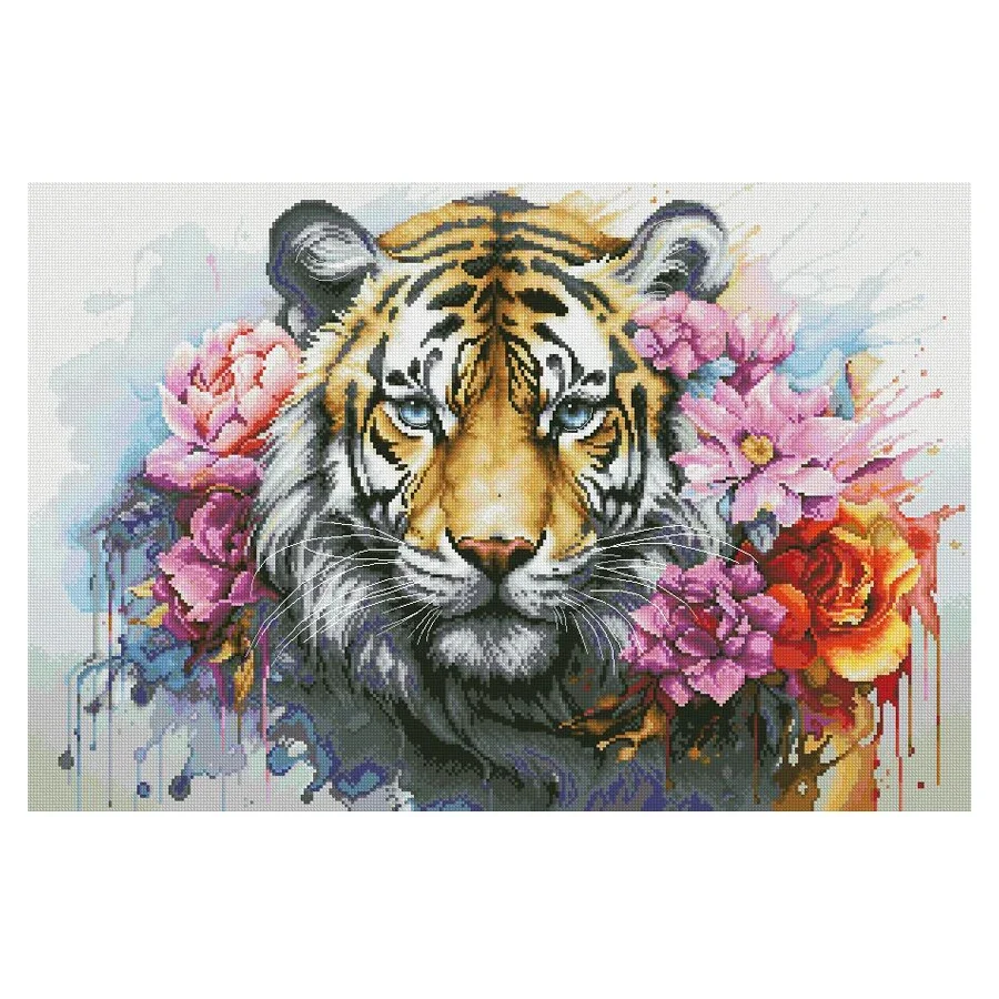 Wildlife of predator, Amishop Counted Canvas Cross Stitch Kits, Tiger and Flowers, Animal, Embroidery, Luca-s BU5033