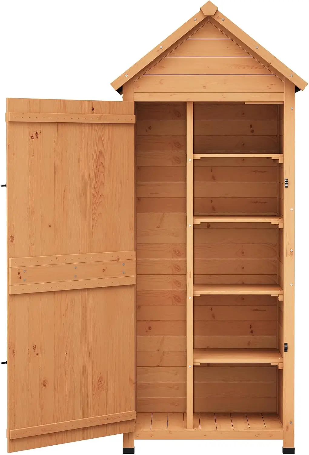 Waterproof Outdoor Wooden Storage Shed – 63-Inch Vertical Cabinet with 4 Shelves & Lockable Door, Space-Saving Garden Tool Storage for Patio, Yard, and Lawn