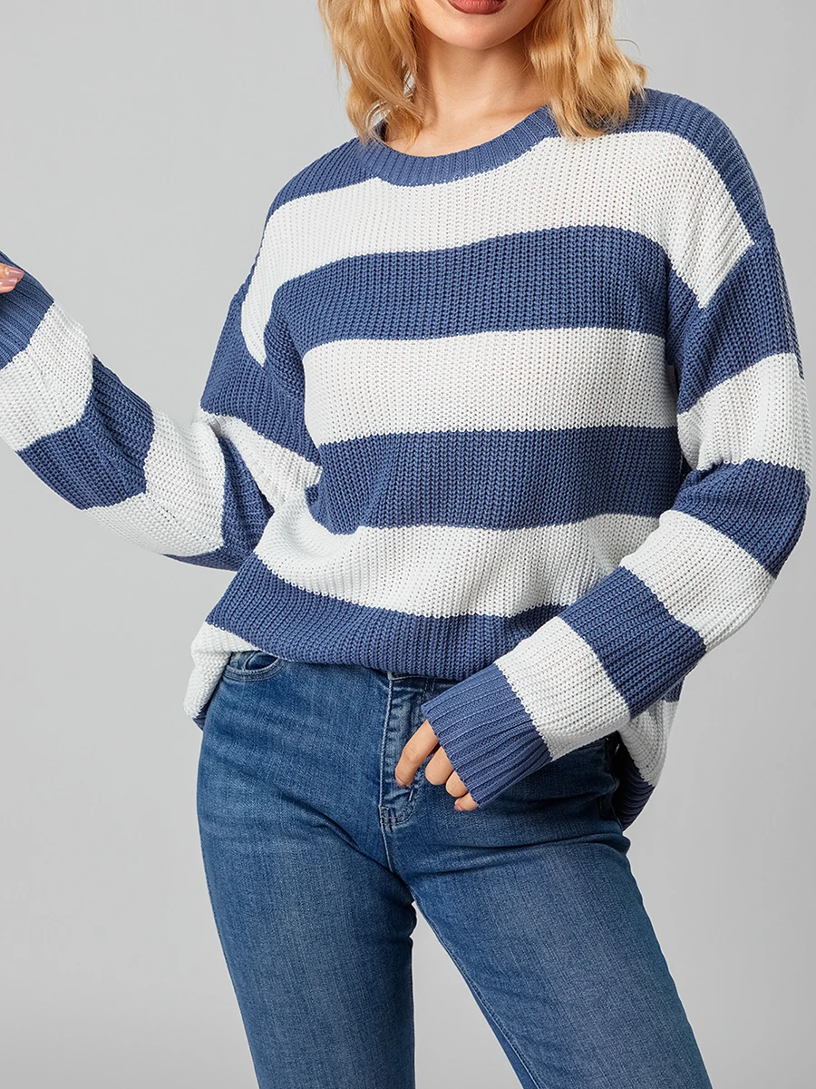 wsevypo Vintage Striped Knit Sweaters for Women Fall Winter Casual Long Sleeve Round Neck Pullover Jumper Tops Street Knitwear