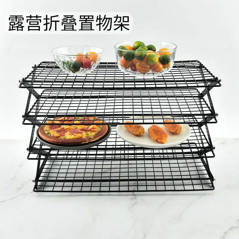 Camping Folding Shelf Protable Iron Net Four Layer Outdoor Picnic Home Kitchen Cookware Tableware Food Lamp Mini Table