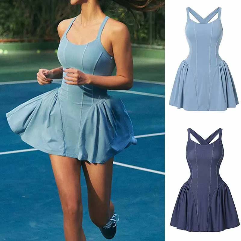 SharpStar Women's Sports Fitness One-Piece Dress Cross Backless Tennis Dress with Chest Pads Retro Denim Pickleball Dresses
