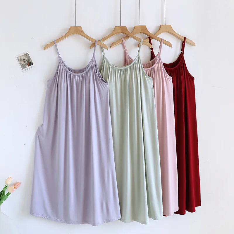 Women's Modal Built-in Bra Nightgown. Adjustable Straps, Bra-Free Sleep Loungewear Dress. Soft, Breathable Summer Comfort.