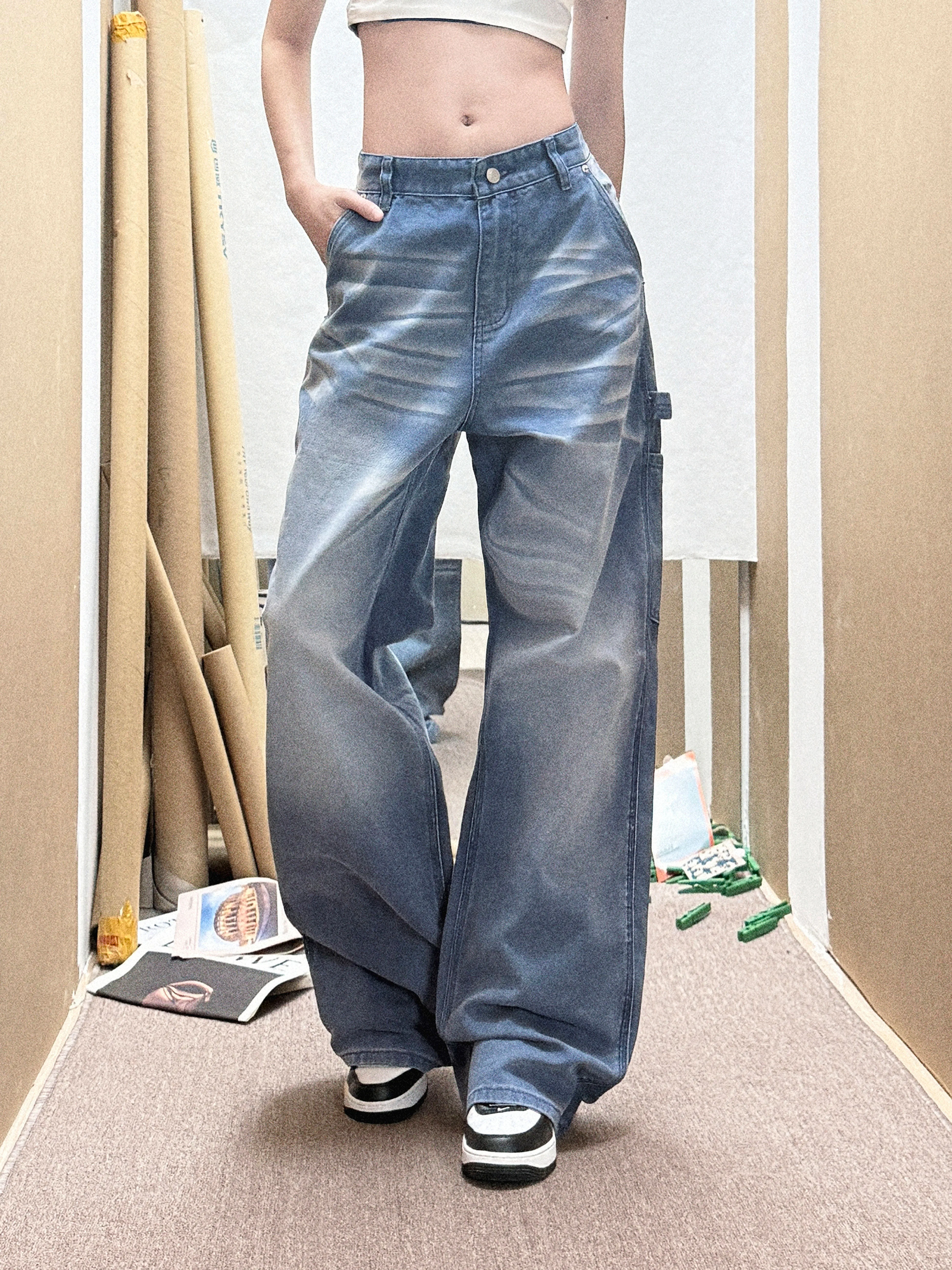 

Gradual Color Loose Women's Jeans Basic Scratch Summer Casual Wide Leg Pants Cotton Natural Waist Button Fastening