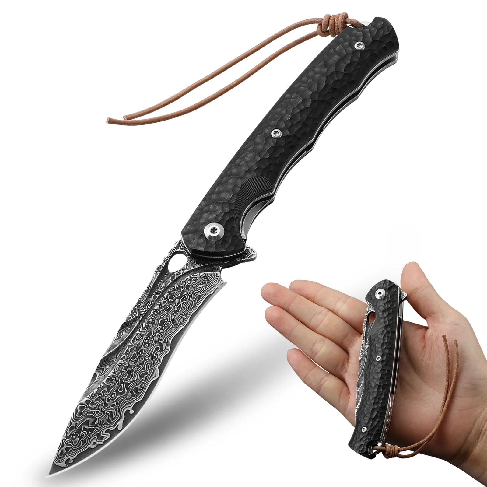 DRACHENADER Coltello pieghevole Damasco con fodero/clip, coltelli da caccia tattici di sopravvivenza EDC per uomo, coltello tascabile con nucleo in