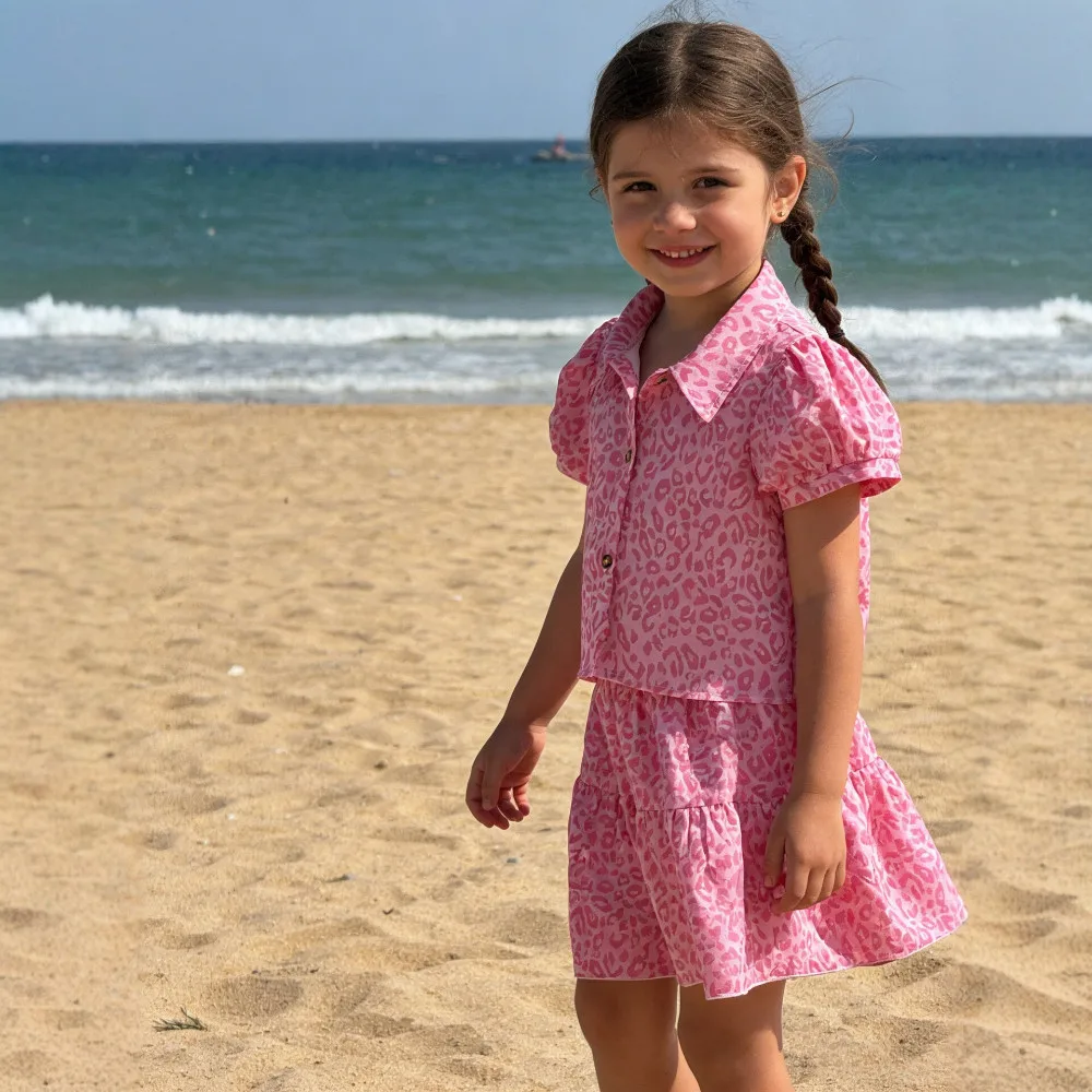 Fashionable Pink Leopard Print Children's Two-piece Set Summer Casual Girls' Clothing Short Sleeved Shirt Top + Short Skirt