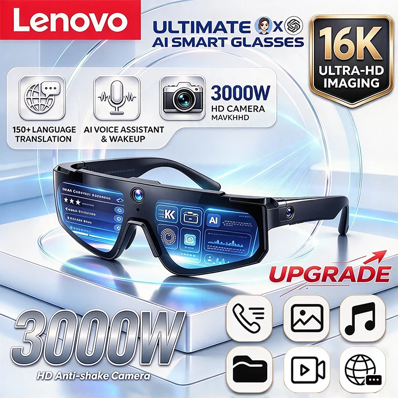 Lenovo New Upgrade AI Smart Glasses 3000W Camera Anti-shake Cycling Video&Photo Sport Sunglasses DualMic 32GB Windproof Goggles