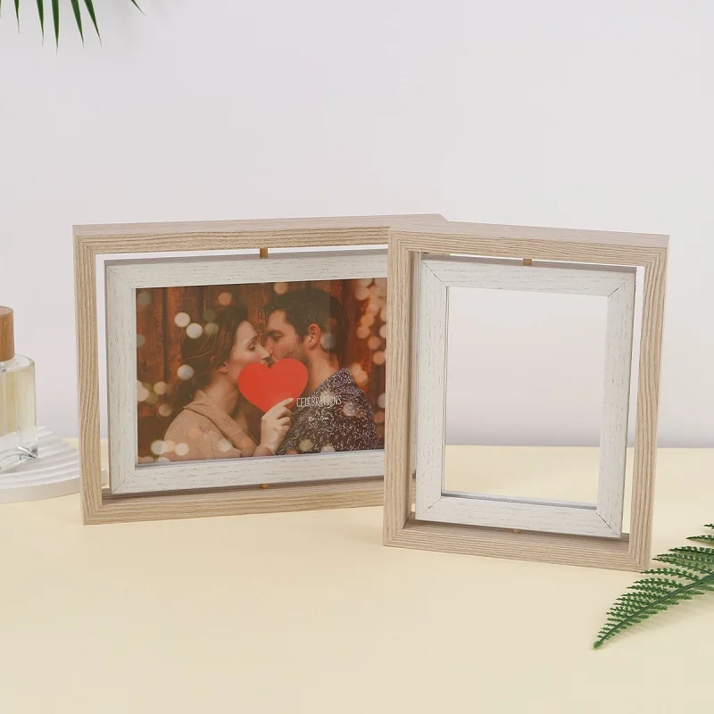 Wooden Rotating Picture Frame Double Sided Picture Frame Idol Photo Couple Wedding Anniversary Photocard Holder Desktop Ornament