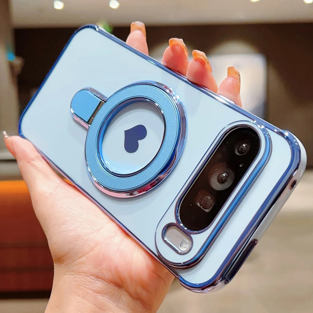 마그세이프 도금 브래킷 마그네틱 폰 케이스 구글 픽셀 10 9 8 프로 XL 8A 9A 7A 케이스 러브 하트 스탠드 홀더 커버