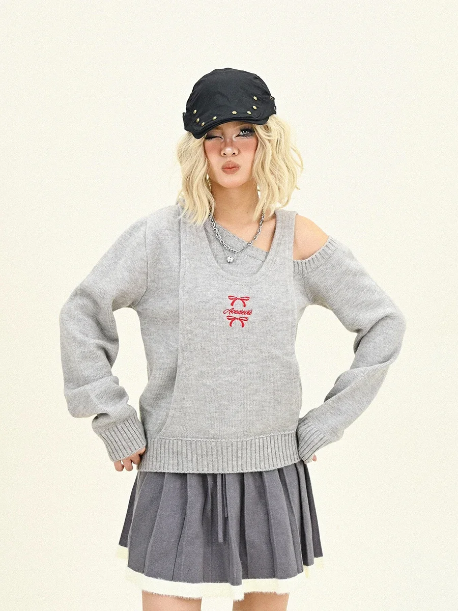 Fake Two-piece Off-the-shoulder Hooded Sweater Women's 2024 Winter New Loose Bf American High Street Knitted Top