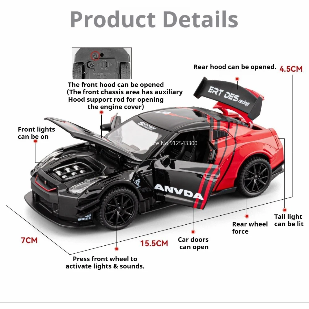 1:32 Scale GTR R35 Model Car Toy Sound Light Pull Back Vehicle Doors Opened Alloy Diecast Miniature Models Desktop Decoration