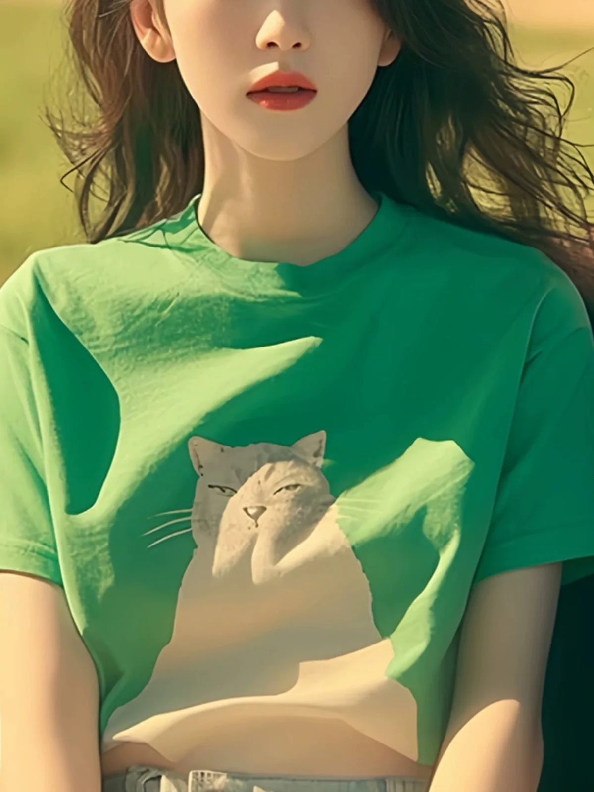 تي شيرت مطبوع عليه قطة بيضاء للنساء من Boweylun ، كتف إيجابي أخضر ، دوبامين بأكمام قصيرة ، قمة جلد صيفية ، رقبة مستديرة كاجوال ، فتيات