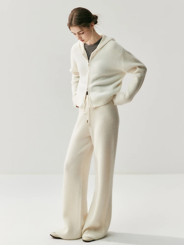 

Chic Autumn Winter Women's Double-Headed Zipper Hooded Cardigan Sweater Wide-Leg Pants Two-Piece Set Warm Soft 100% Cashmere