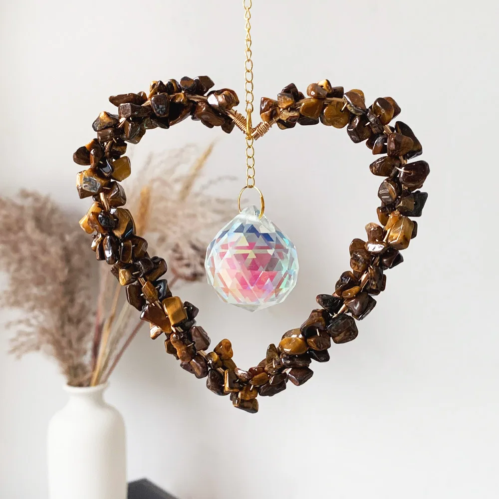 Custom Gold Heart Shape Tiger's Eye Crystal Chip Sun Catcher - Glass Pendants Hanging Ornament for Window Decor