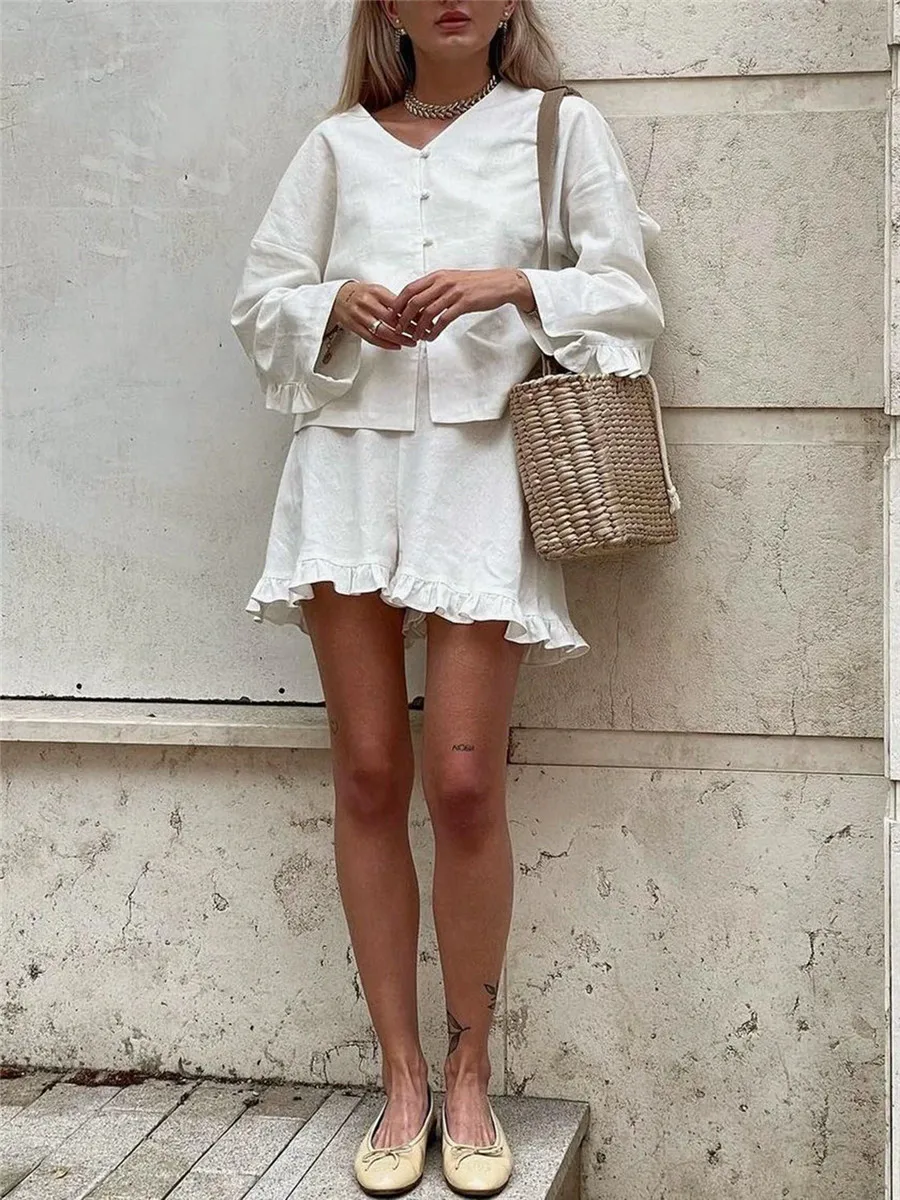 Women's Fall Shorts Outfits 2 Pieces Solid Color V Neck Long Sleeve Ruffles Tops Shirt Elastic Waist Ruffle Shorts Lounge Sets