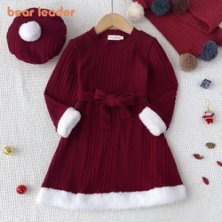 Bear Leader Autumn/Winter Christmas Girls Dress Solid Color Wine Red Pit Stripe Patchwork Warm Kids Clothes New Year+Hat Outfits