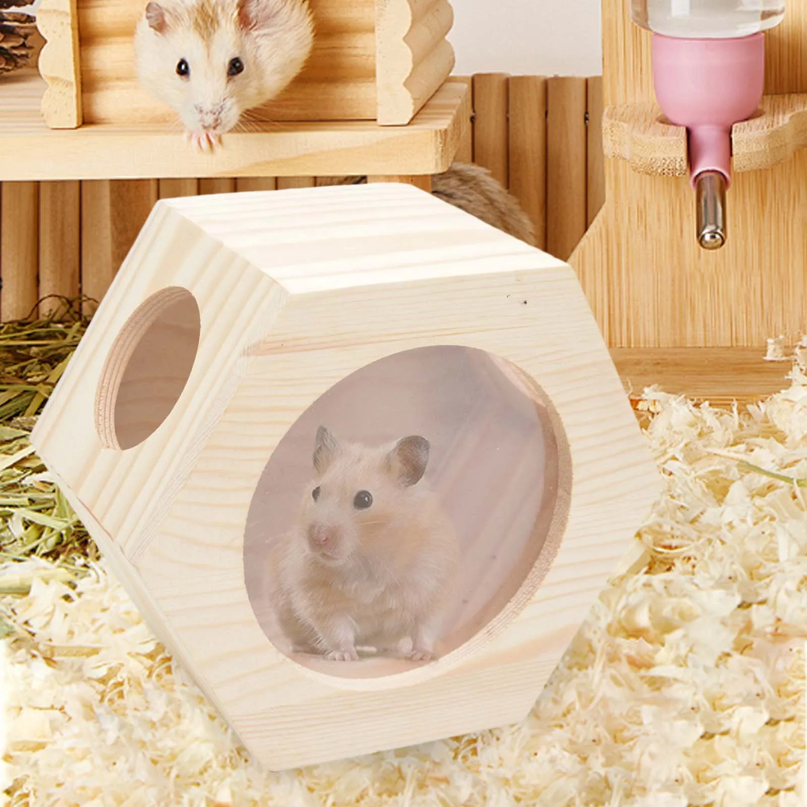 2027 Wooden Hamster House Decor Cabin Hangable Habitats with Window Nest Hexagonal Box for Hedgehog Rat Dwarf Hamster Mice Small