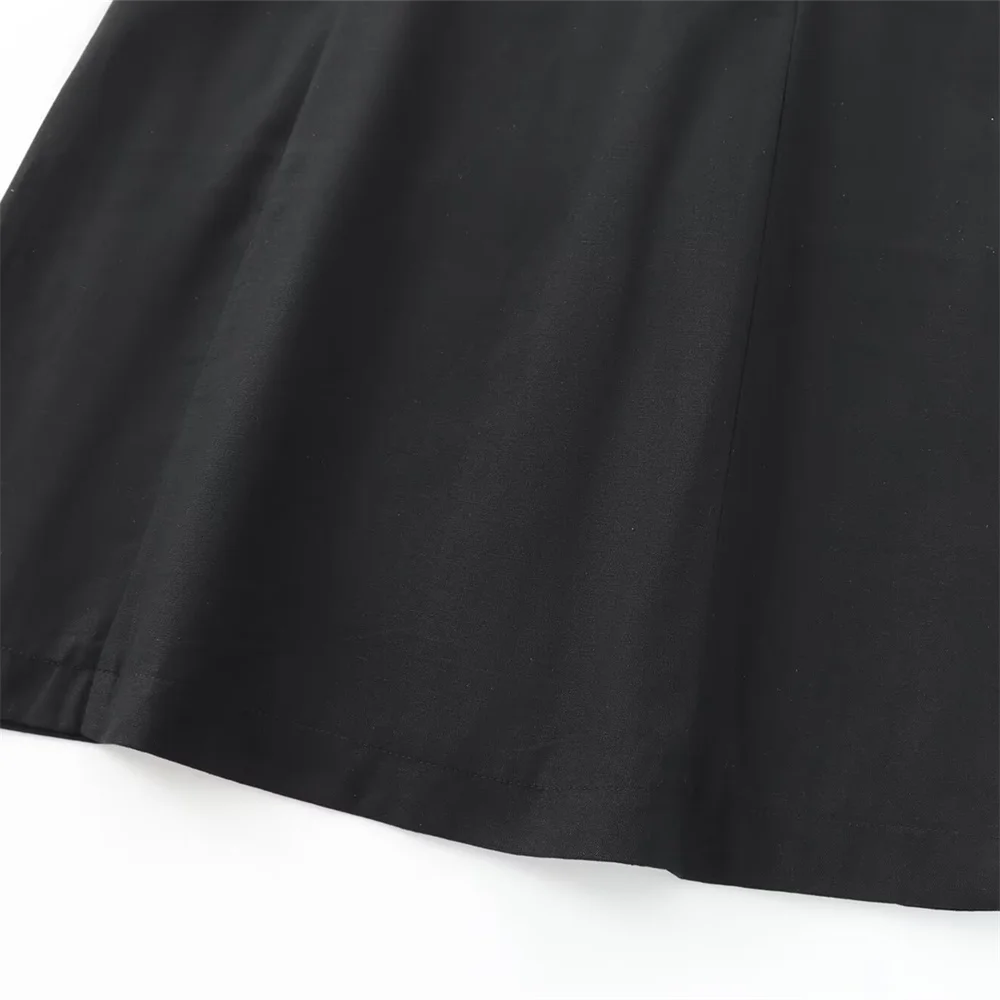 Sommer neuer Damen-Stil, schmale Passform, breiter Schultergurt, schwarze Leinenmischung, Temperamentkleid, schlankmachender kurzer Rock