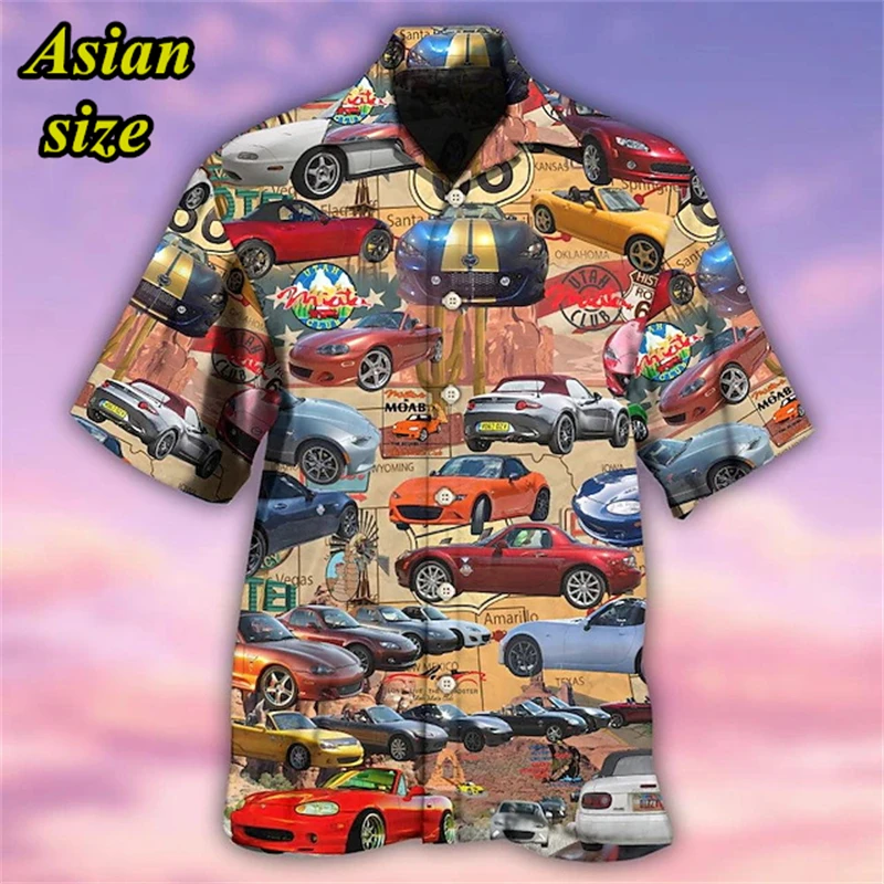 American Style Retro Car Print Shirt Men's Hawaiian Button Shirt Men's Casual Lapel Short Sleeved Shirt Summer Fashion Blouse